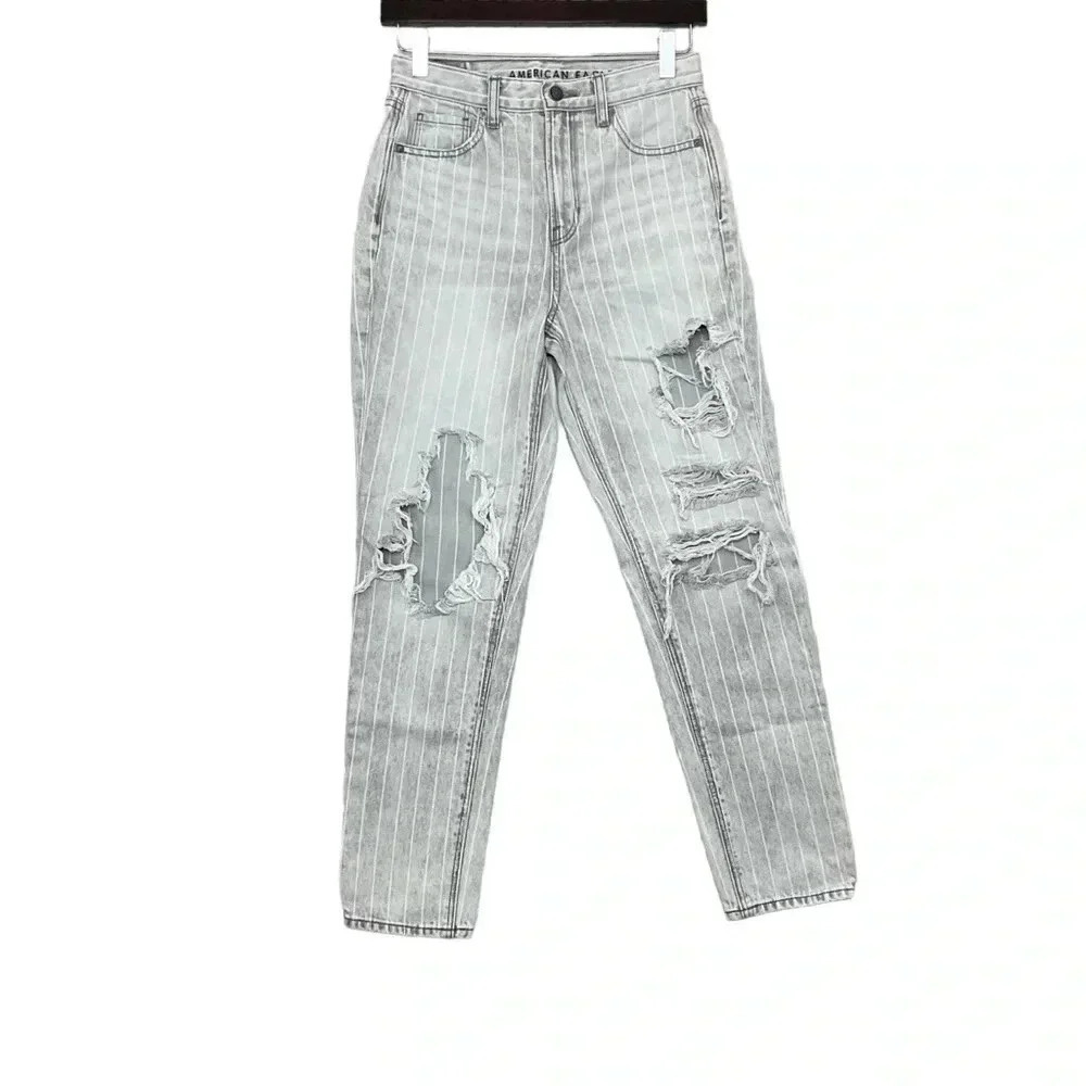 American Eagle Gray Mom Jeans Striped Distressed Size 0